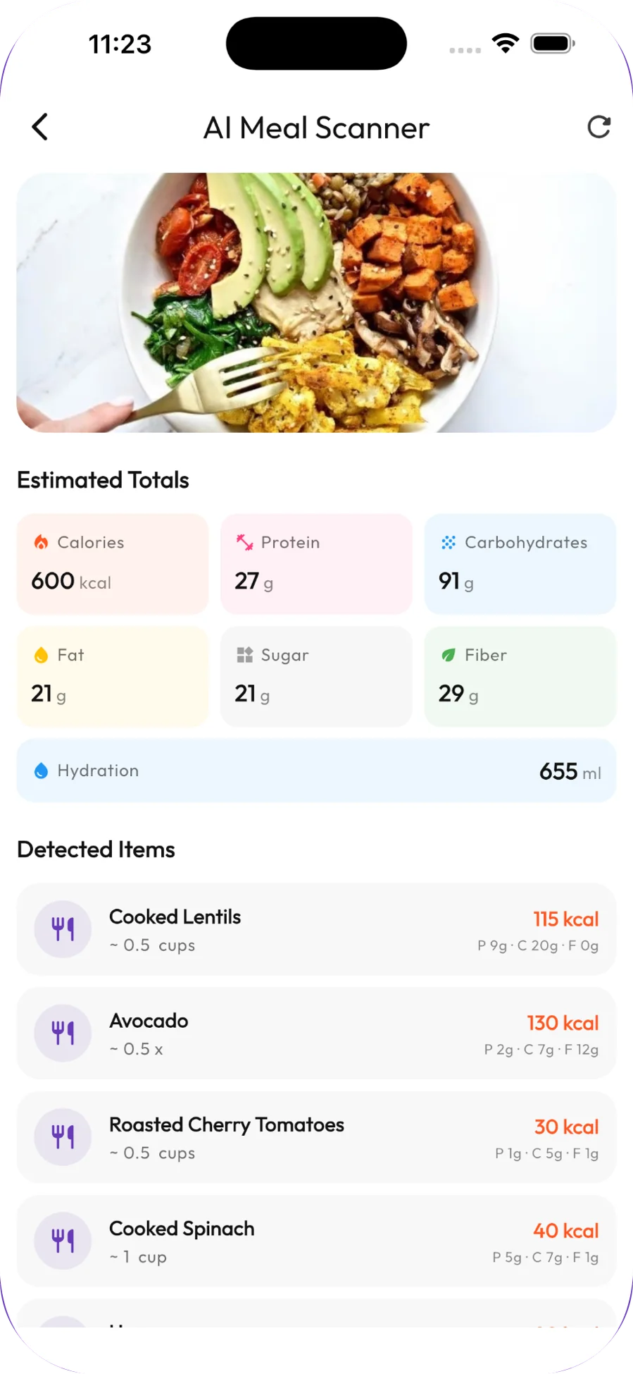 AI Meal Scanner itemising lentils, avocado, cherry tomatoes and spinach with estimated totals