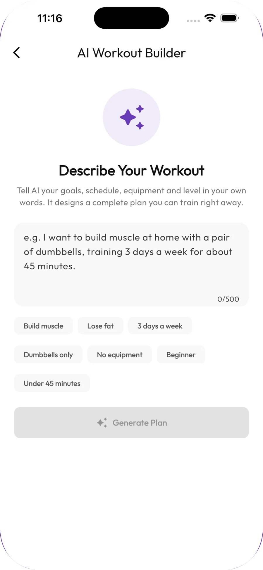 AI Workout Builder with a free-text goal and quick prompt chips