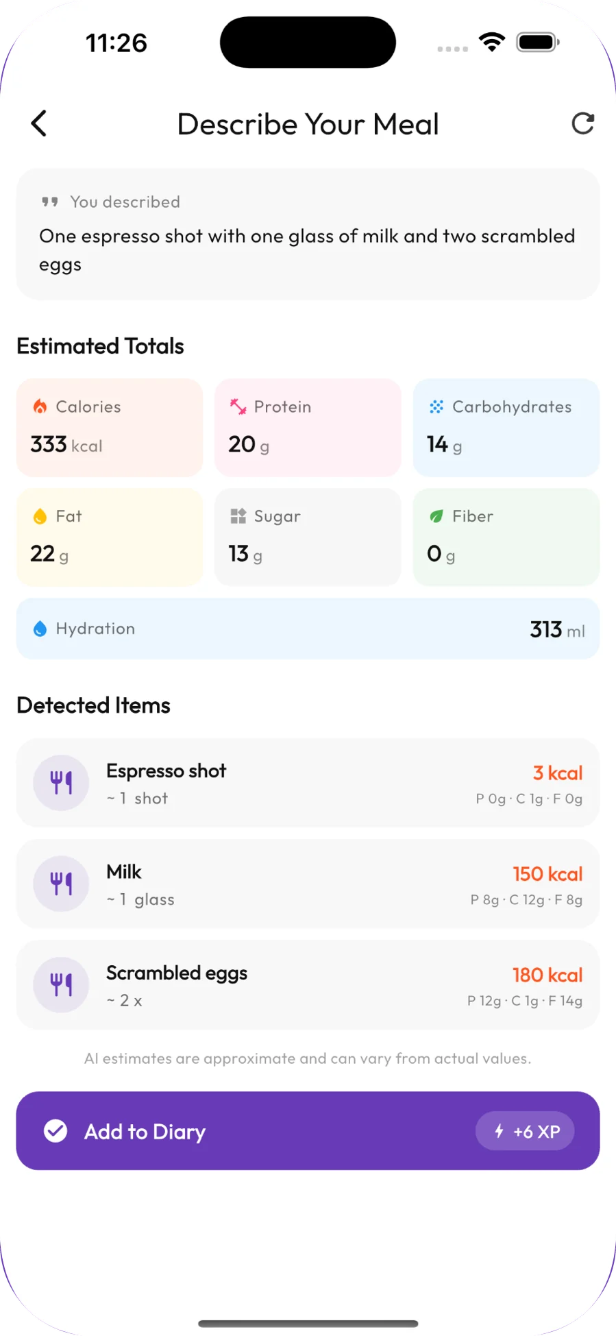 Describe Your Meal turning a sentence into espresso, milk and scrambled eggs with nutrition totals