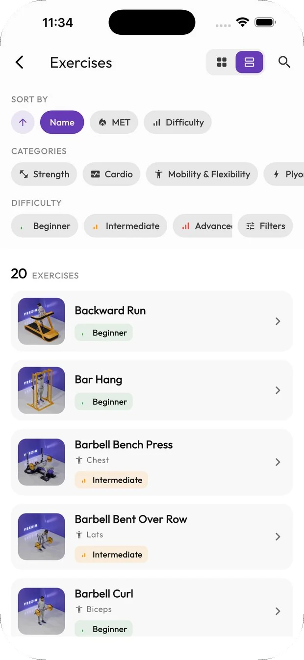The exercise catalog sorted by name with strength, cardio and mobility filters