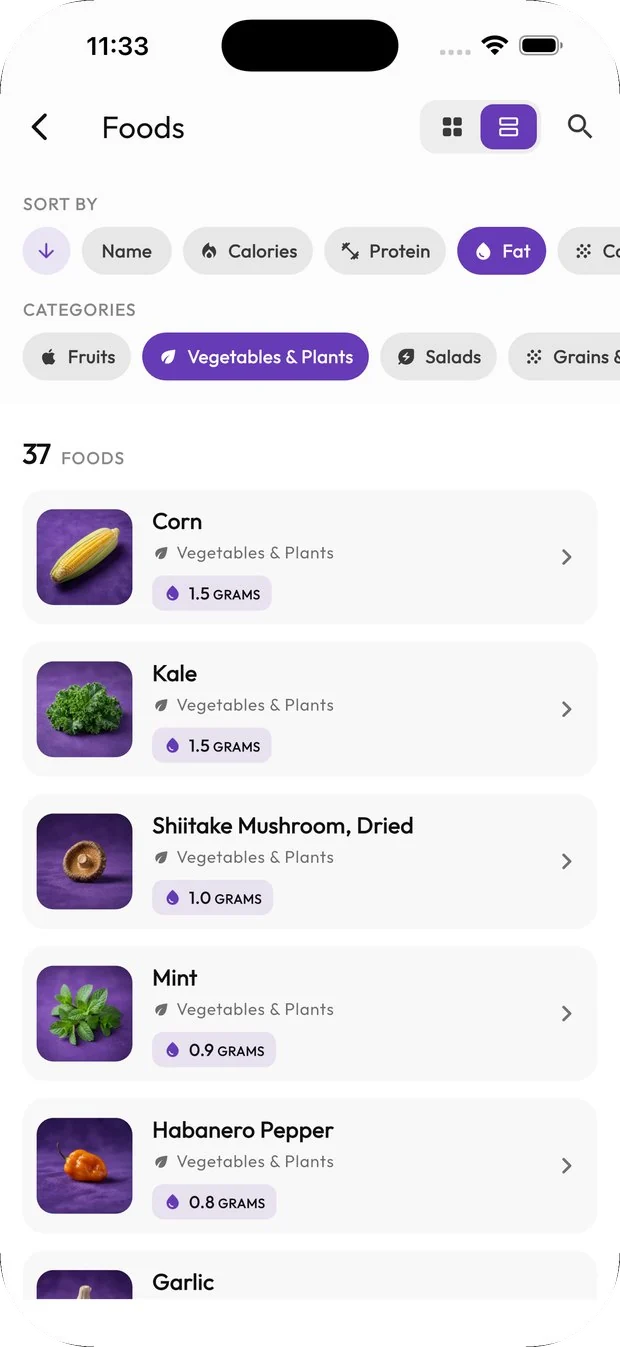 The foods catalog listing vegetables sorted by fat content