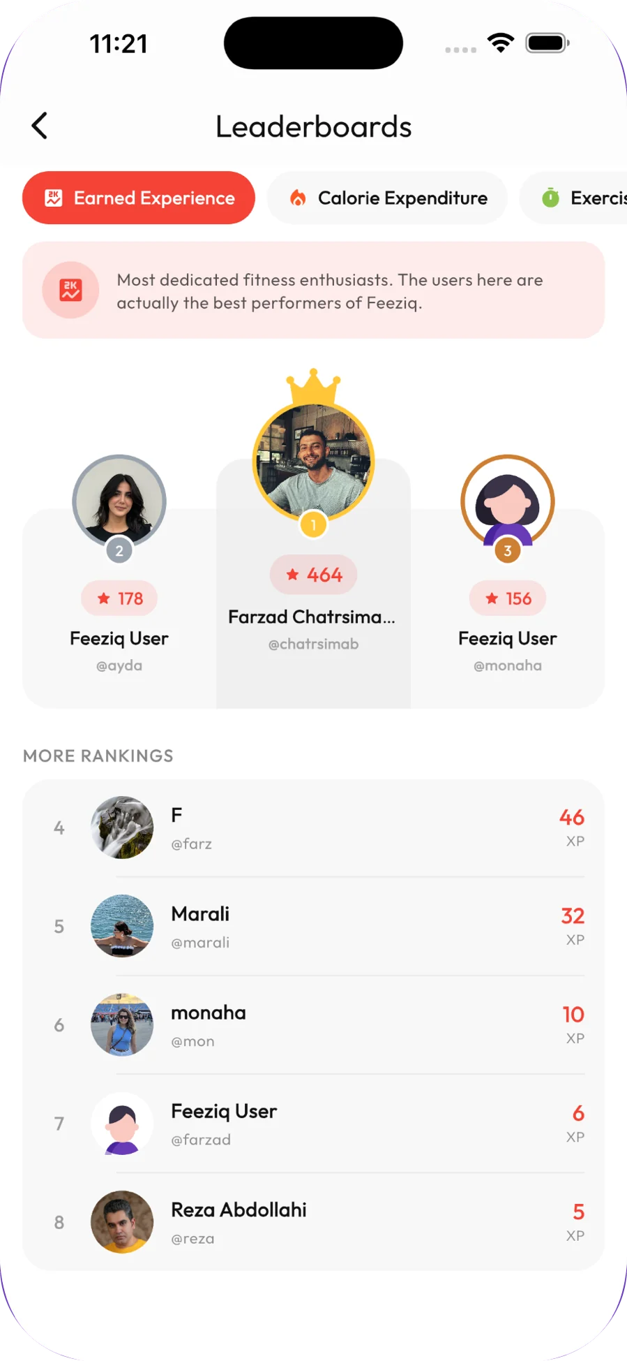 The Earned Experience leaderboard with a top-three podium and more rankings below