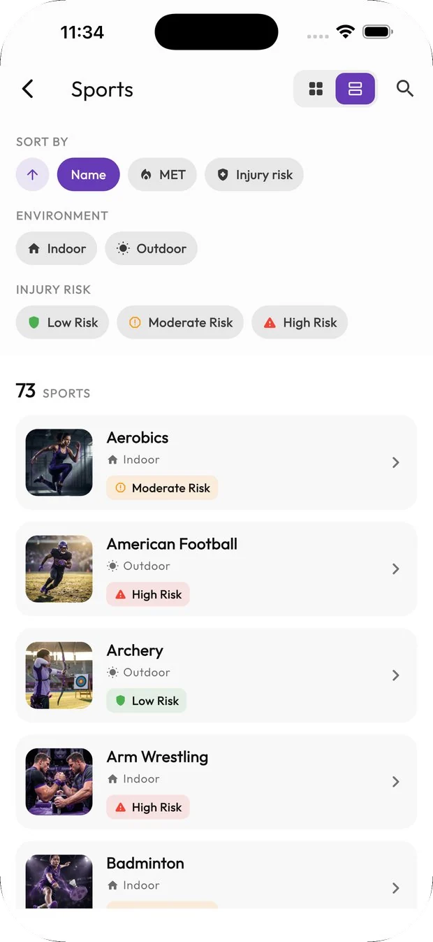 The sports catalog showing 73 sports filtered by environment and injury risk